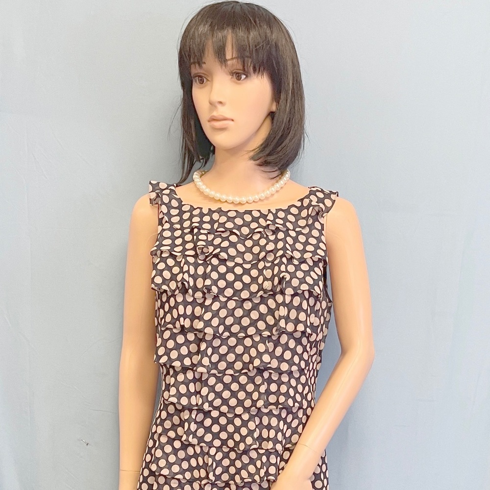 ADRIANNA PAPELL Navy and Tan Polka Dot Sleeveless Ruffle Front Dress 8-10